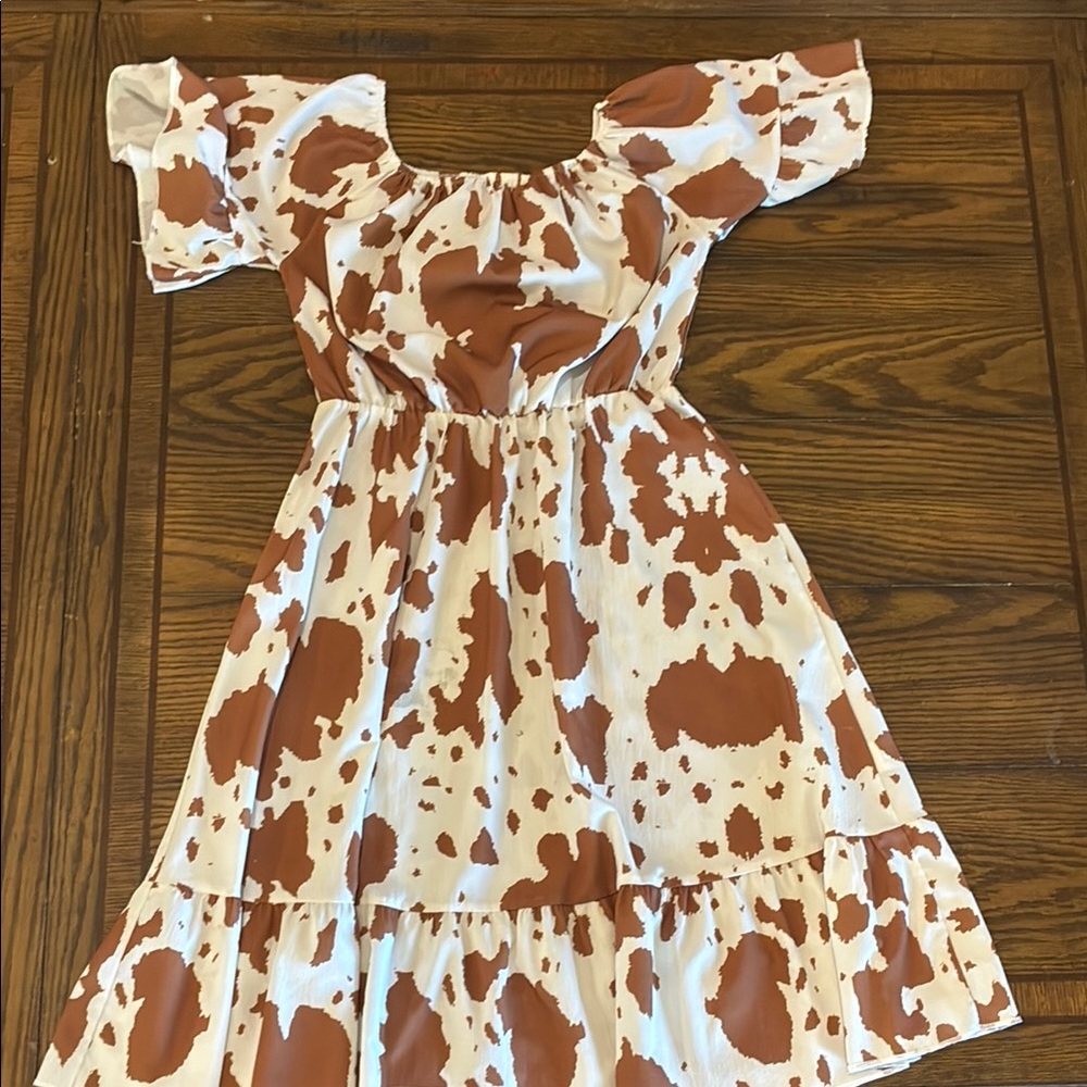 Brown and White Off the Shoulder Puff Sleeve Midi Sundress